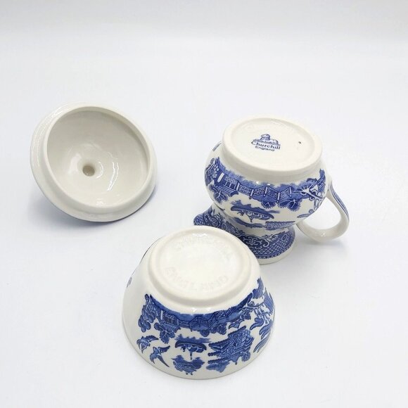 Churchill Blue Willow Creamer and Sugar Bowl with Lid-England-Vintage - Picture 7 of 10